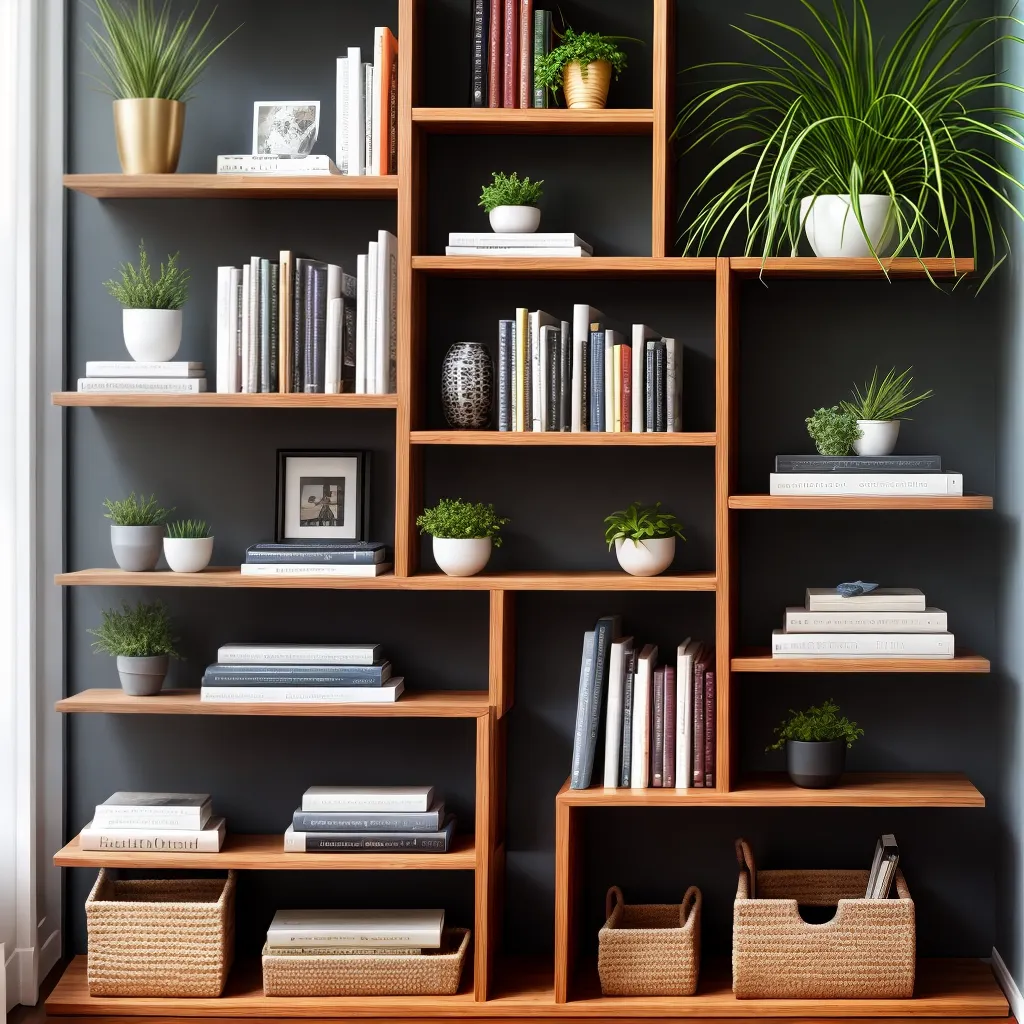 estante organizada livros objetos plantas