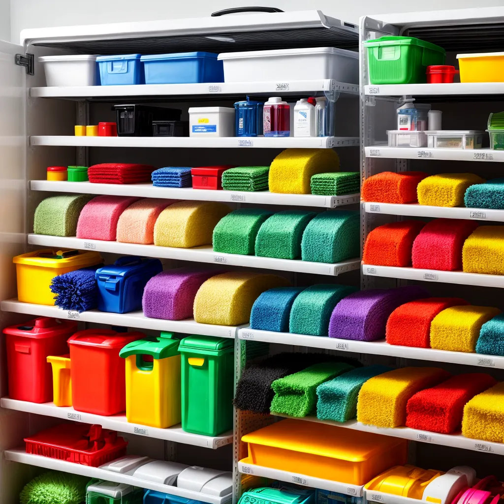 produtos limpeza organizados prateleira broom