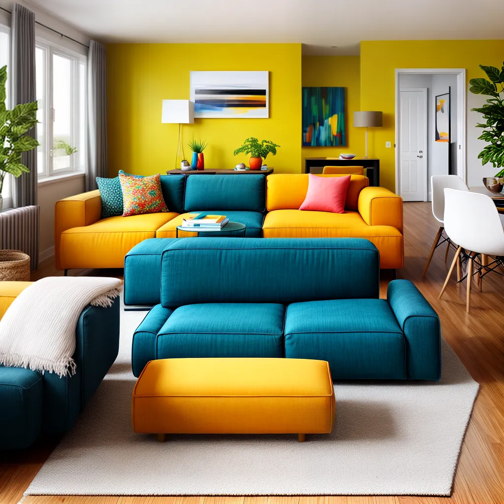 sala vibrante paleta cores sofa amarelo