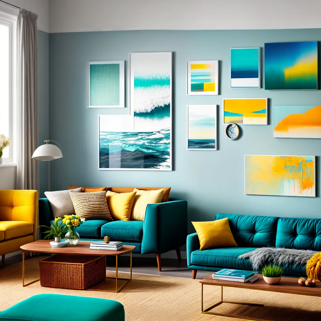 sala vibrante sofa teal arte colorida