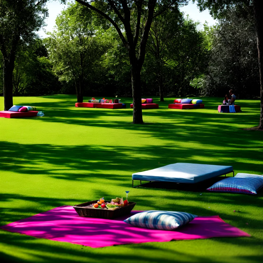 picnic colorido parque almofadas comida