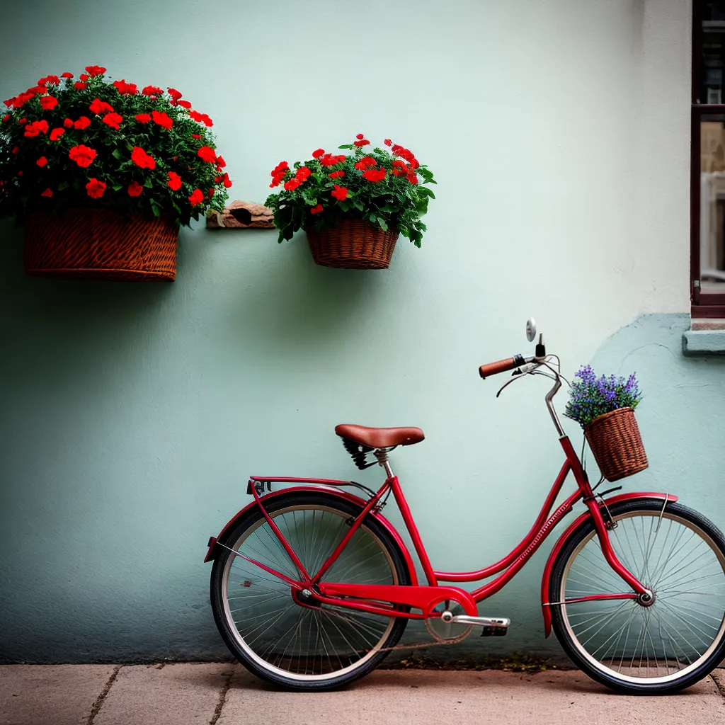 bicicleta vermelha vintage flores parede tijolos bicicleta vermelha vintage flores parede tijolos