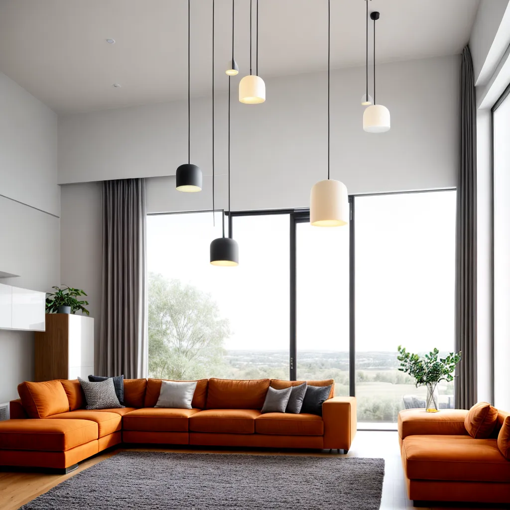 sala estar teto alto luminarias pendentes