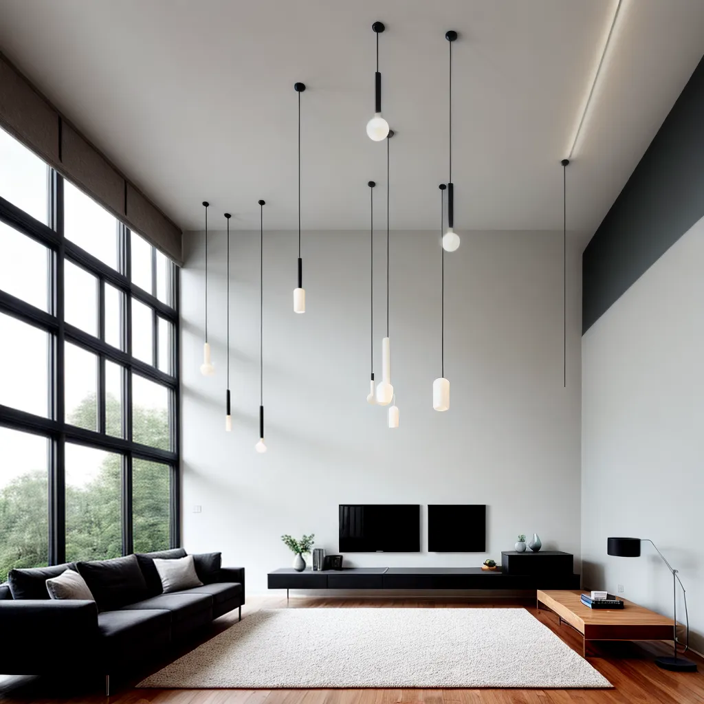 sala moderna teto alto luminarias pendentes 1