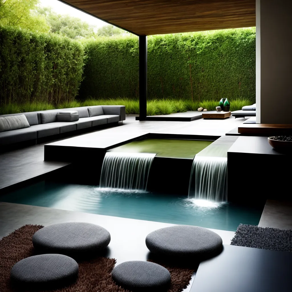sala moderna mesa vidro plantas cascata