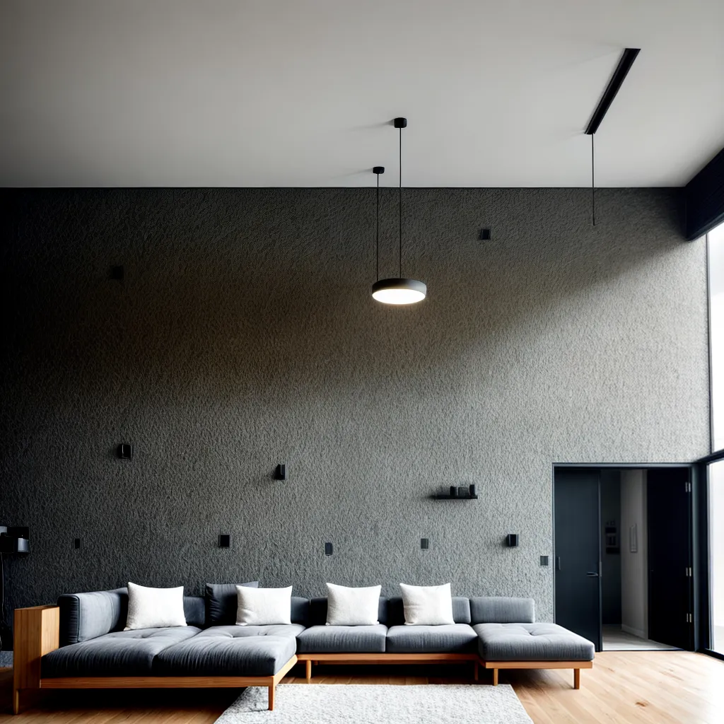 sala moderna parede pedra iluminacao