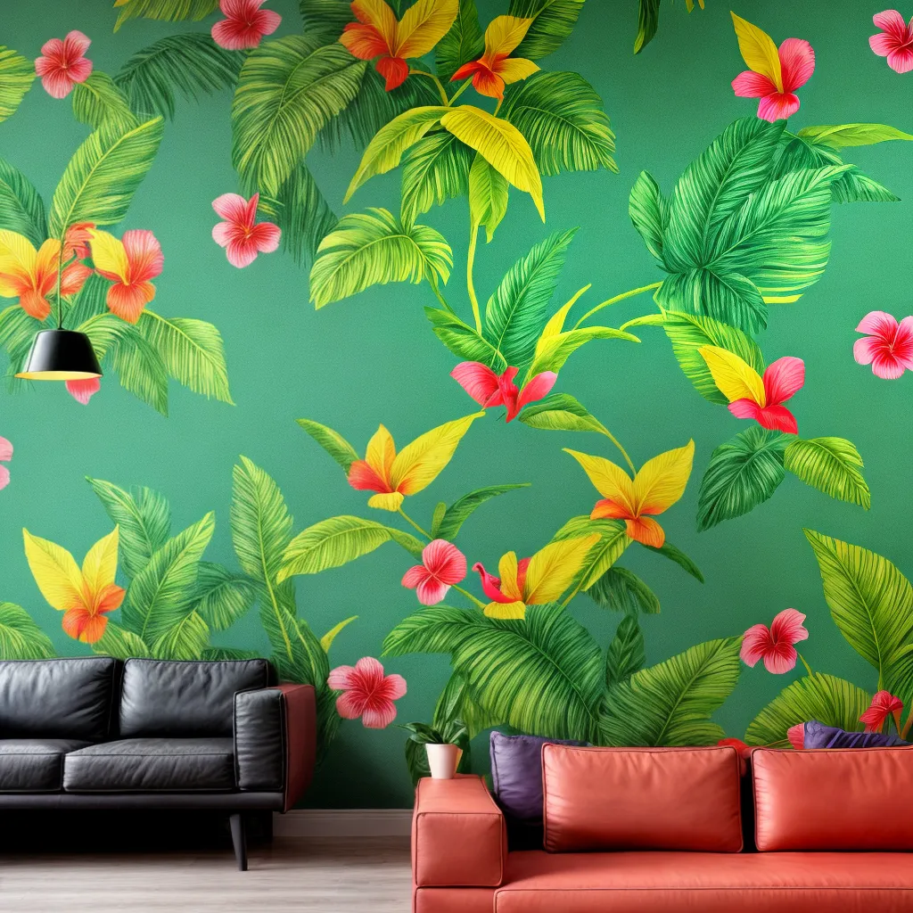 parede tropical folhas flores aves