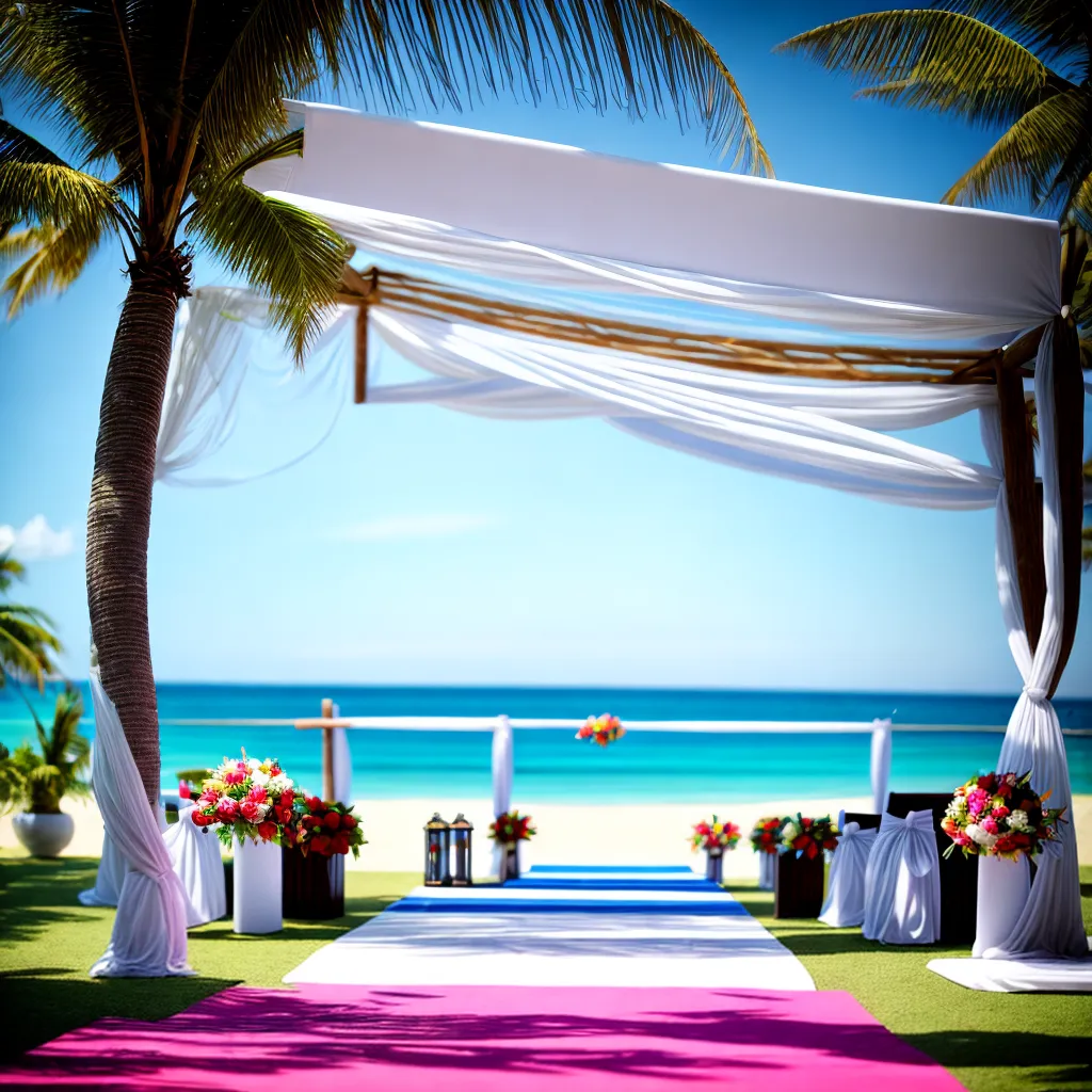 casamento praia canopy palmeiras flores