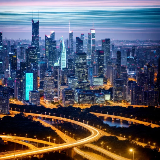 cidade futurista crepusculo arquitetura verde