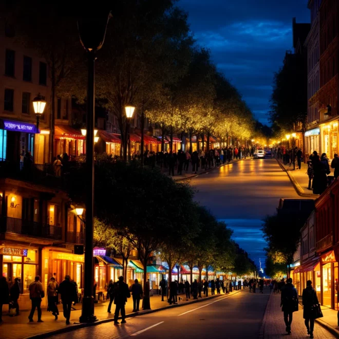 rua noturna iluminada pessoas arquitetura