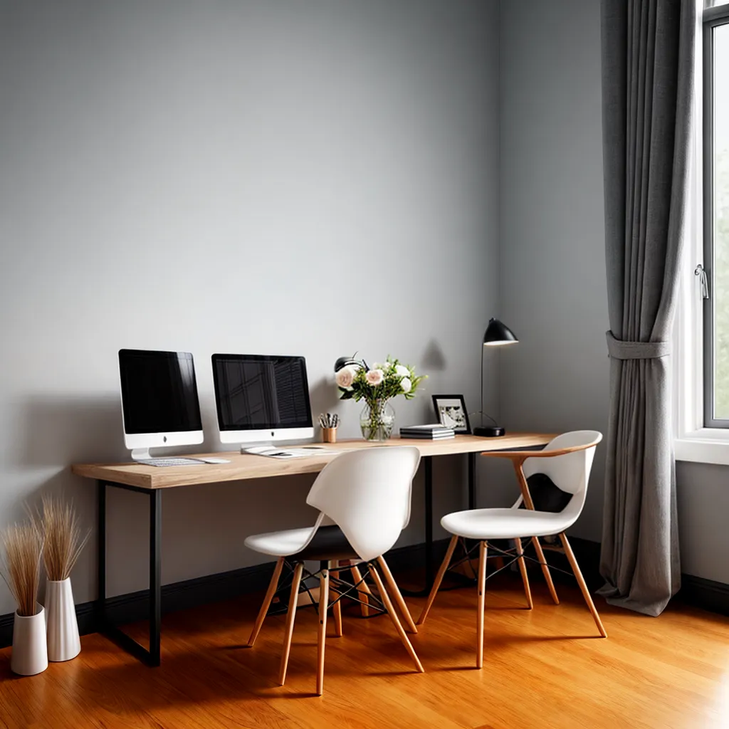 workspace sofisticado mesa luminaria flores