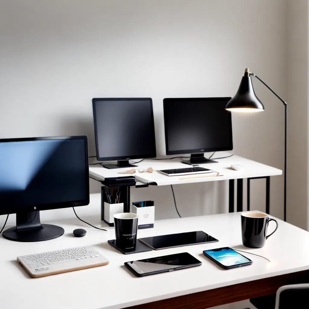 workspace sofisticado mesa madeira lampada