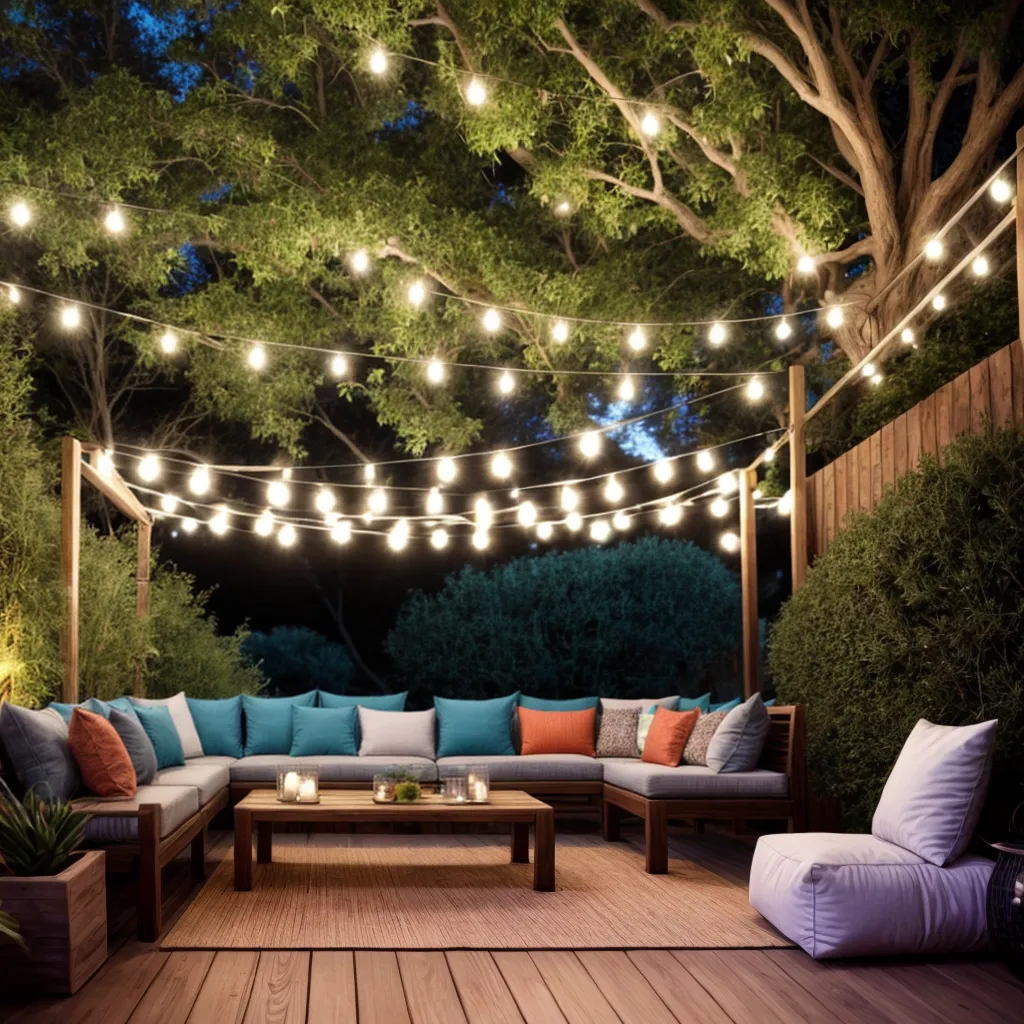area lounge externa sofa rattan luzes Área externa com sofá de fibra, almofadas e luzes penduradas