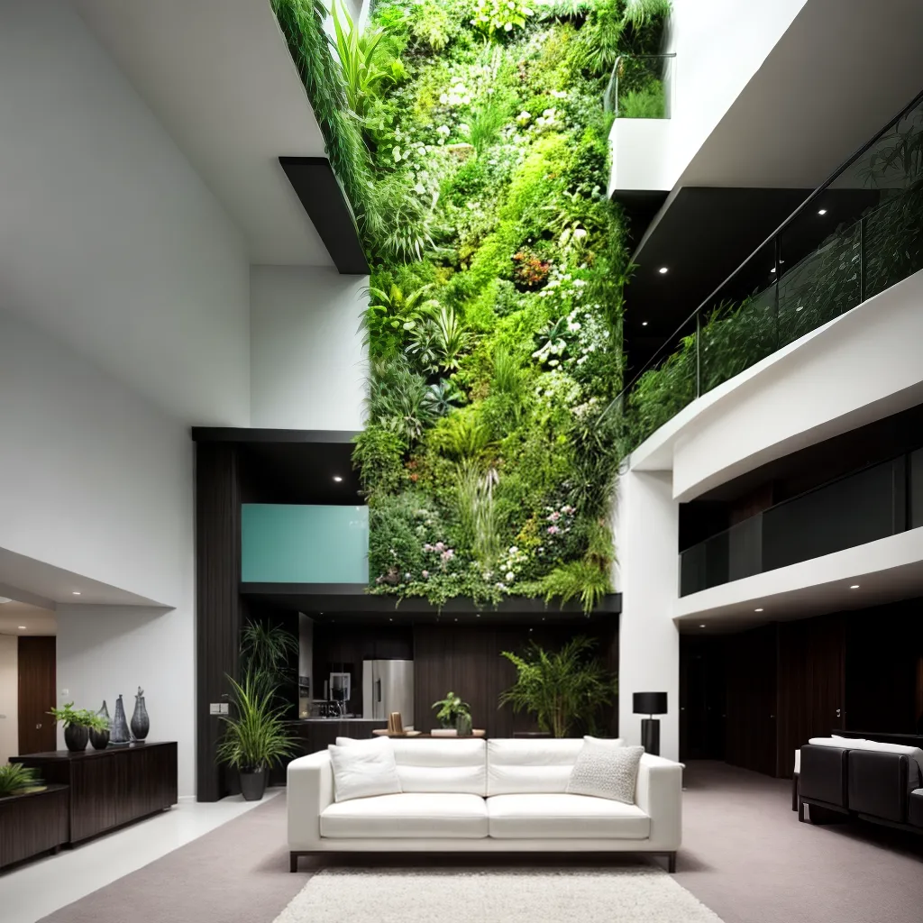 Sala moderna com jardim vertical na parede