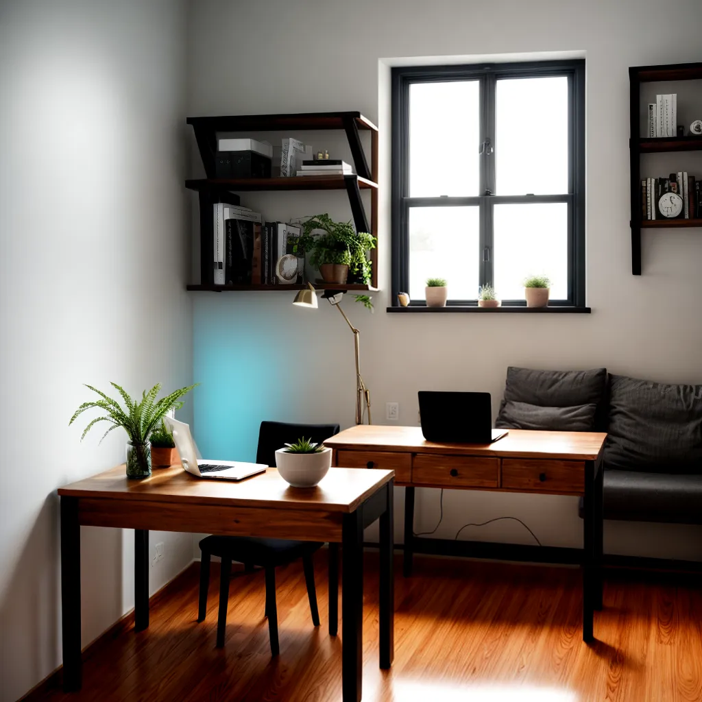 Mesa de madeira com notebook, livros e plantas