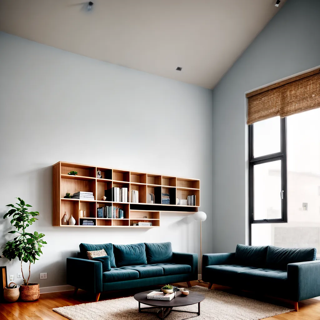 Sala clara com sofá baixo, livros e luz natural