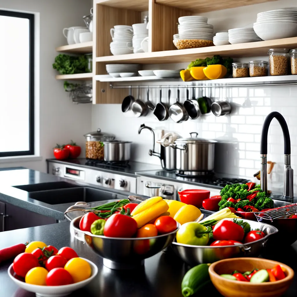 Cozinha organizada com utensílios, frutas e legumes sobre a bancada