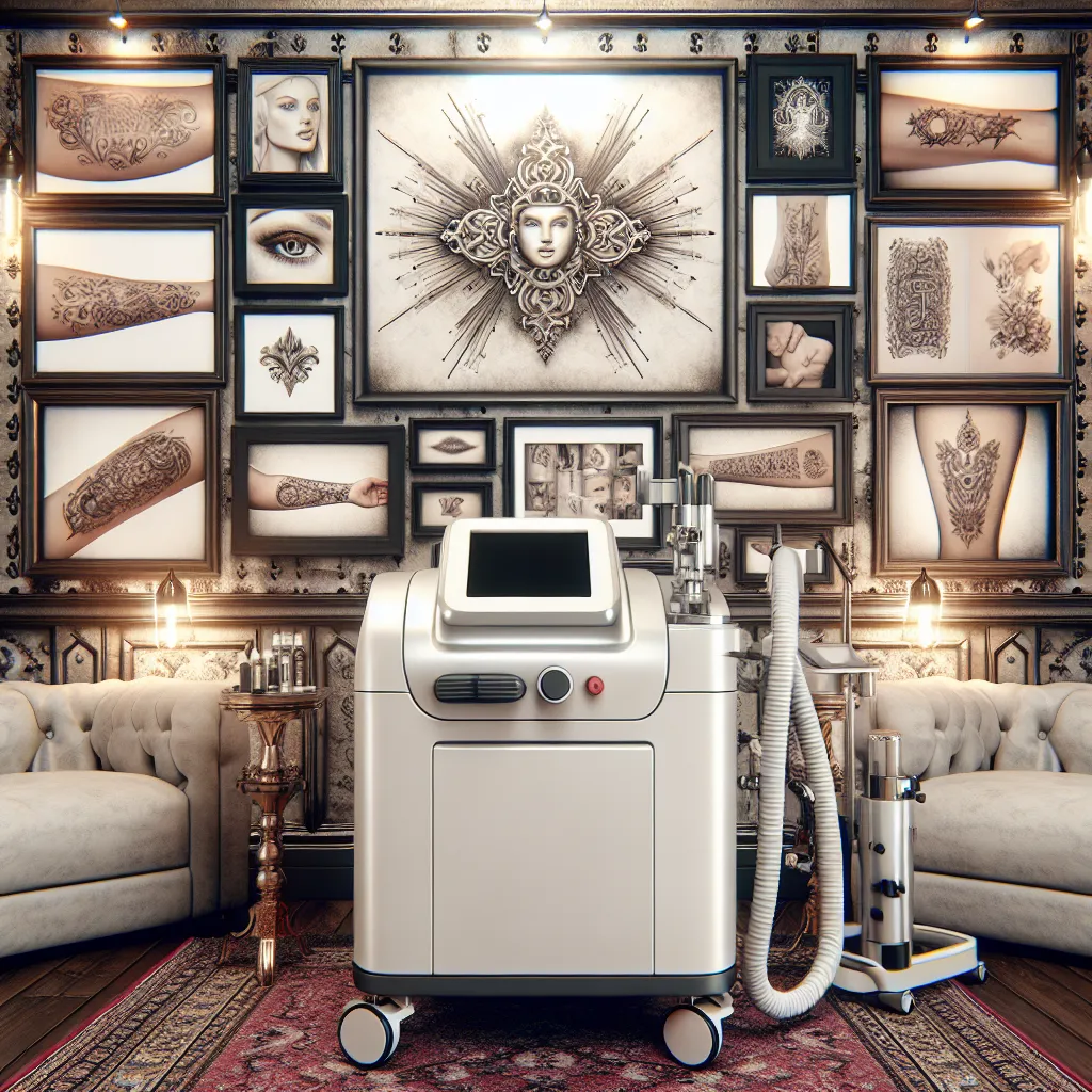 Clínica de remoção de tatuagens a laser Uma imagem de uma clínica profissional de remoção de tatuagens, com uma máquina a laser moderna em primeiro plano. As paredes estão adornadas com fotos de antes e depois de remoções de tatuagens bem-sucedidas, criando uma atmosfera acolhedora e informativa para potenciais clientes que estão considerando o processo.
