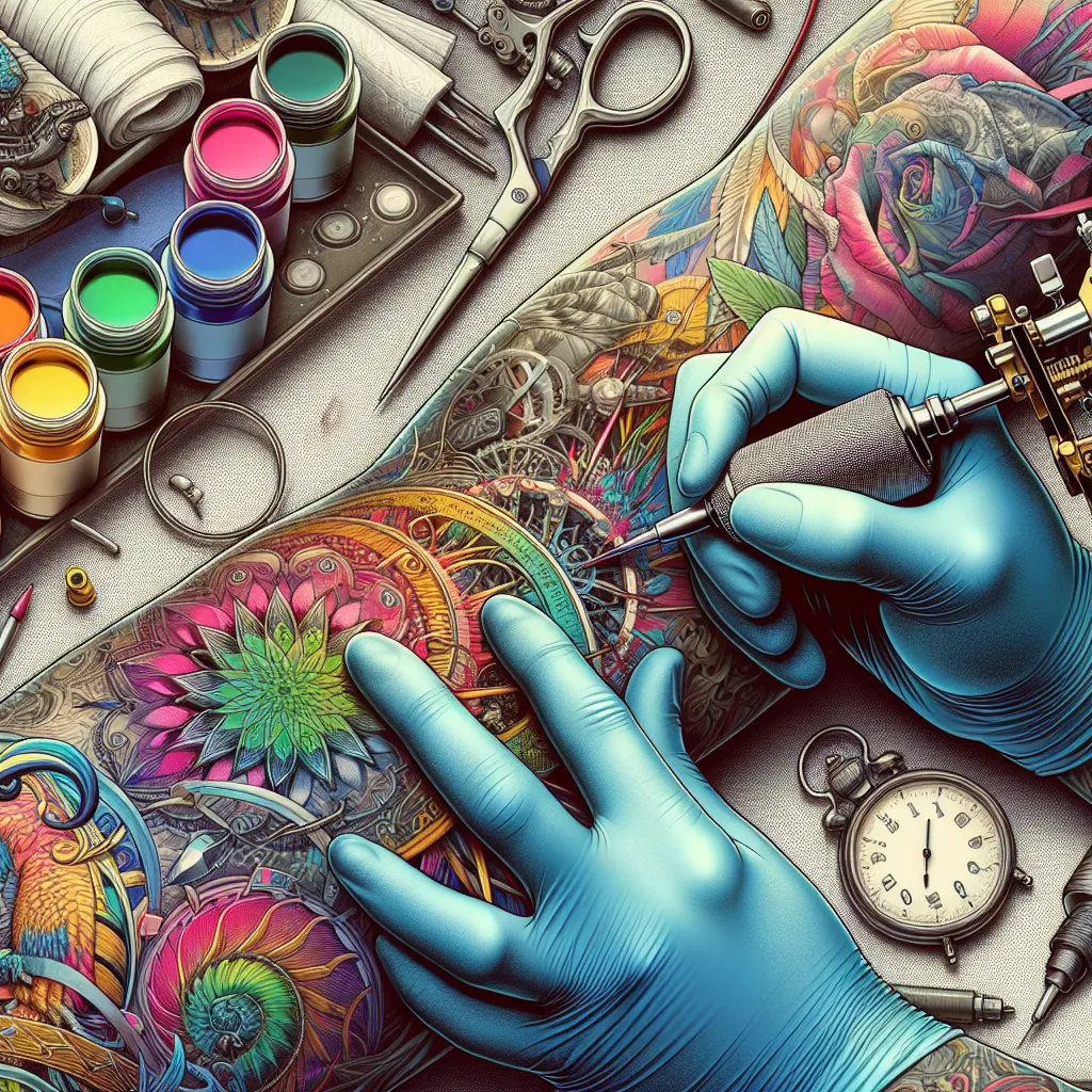 Arte em progresso: o talento de um tatuador em ação Um close-up das mãos de um artista de tatuagem habilidosamente tatuando um design vibrante no braço de uma pessoa, cercado por vários equipamentos de tatuagem e potes de tinta coloridos, enquanto um relógio ao fundo enfatiza sutilmente a passagem do tempo e a consideração cuidadosa por trás de fazer uma tatuagem.