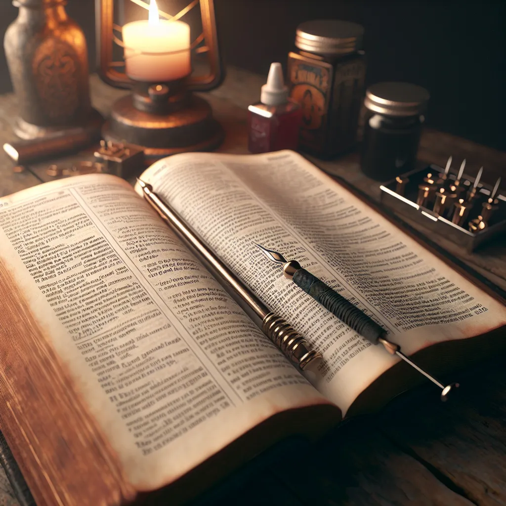 Contemplação sobre tatuagens e espiritualidade bíblica Uma imagem de uma Bíblia aberta descansando sobre uma mesa de madeira, com passagens destacadas refletindo sobre arte corporal, ao lado de uma pequena agulha de tatuagem e um conjunto de tinta. A luz suave e quente cria um brilho gentil, convidando à contemplação sobre espiritualidade e expressão pessoal por meio de tatuagens no contexto bíblico.