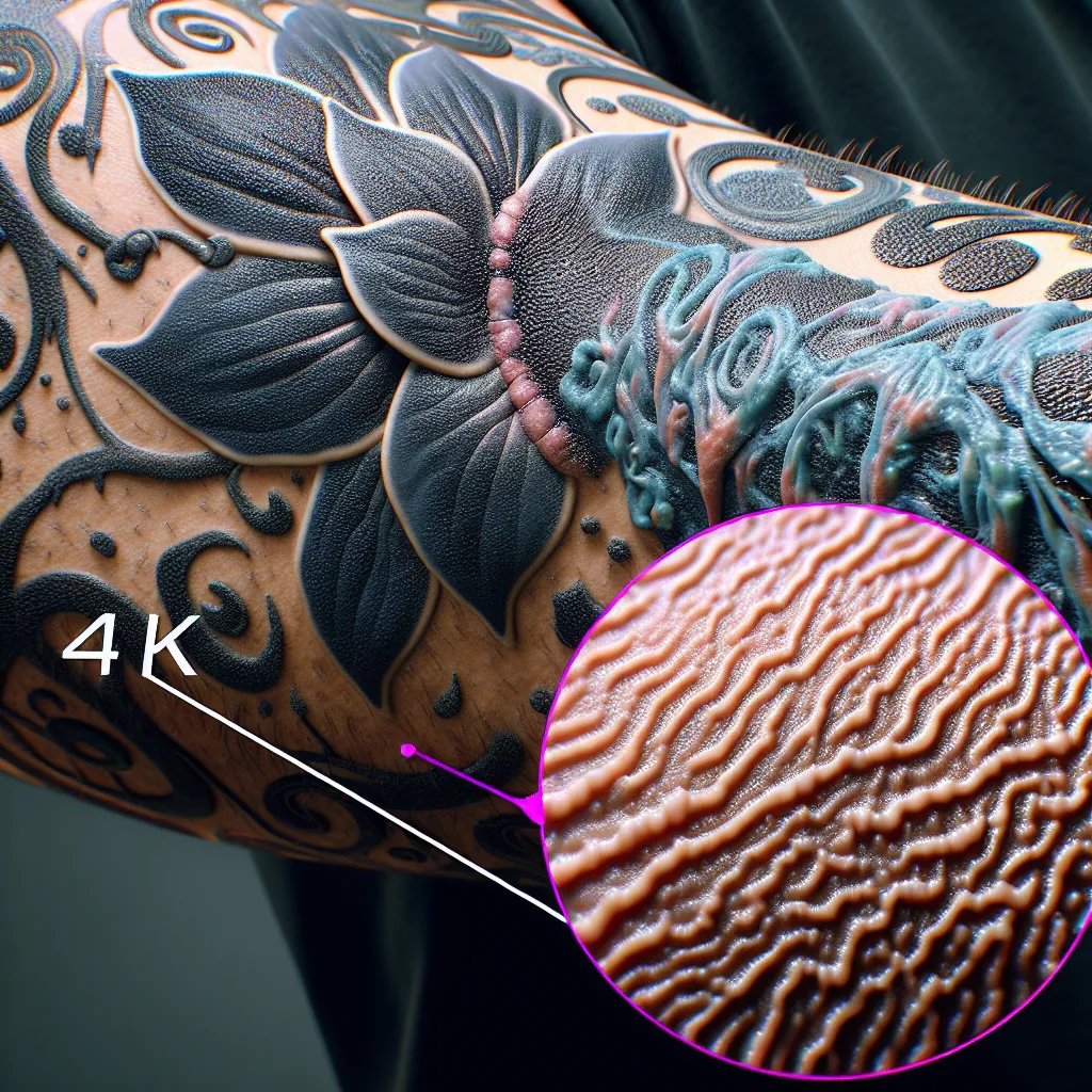 Tatuagem em pele com quelóide Uma imagem de um close de um braço de uma pessoa adornado com uma bela tatuagem, enquanto a pele próxima exibe uma cicatriz quelóide sutil. O contraste enfatiza os detalhes intrincados da tatuagem e destaca a textura única do quelóide, convidando à discussão sobre tatuagens em pele com quelóides.
