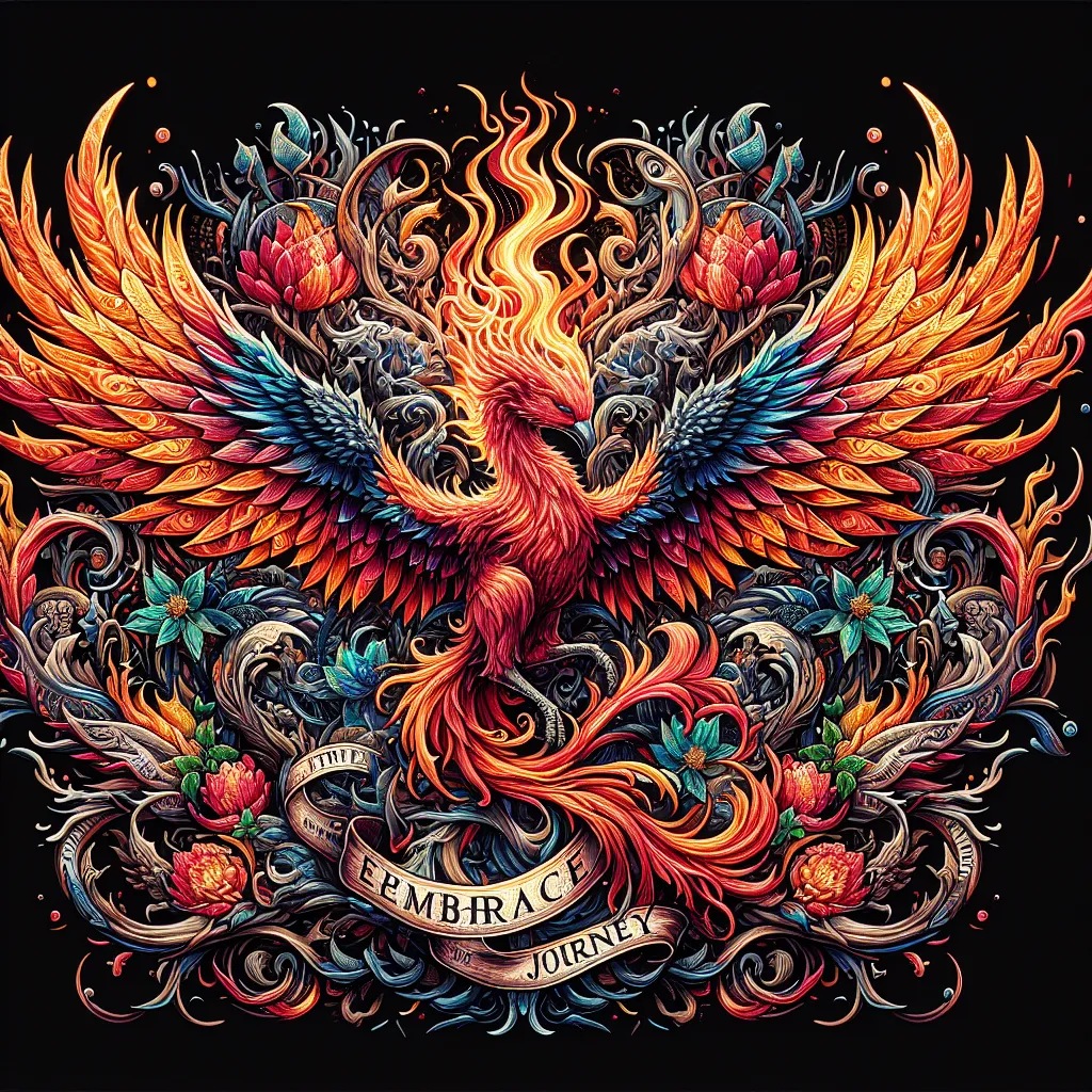 Renascimento e resiliência: a fênix em tatuagem artística Um design de tatuagem intrincado apresentando uma fênix renascendo das cinzas, simbolizando resiliência e transformação. Ao redor da fênix estão delicadas trepadeiras e flores, significando crescimento através da luta. As palavras 'Abrace a Jornada' estão artisticamente entrelaçadas na composição, reforçando o tema de suportar o processo por um propósito.