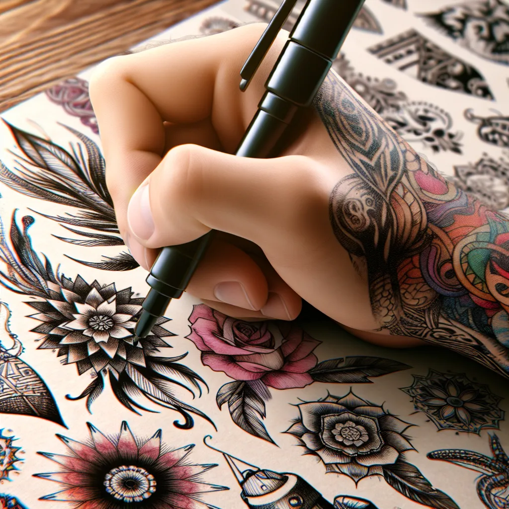 Criando tatuagens temporárias com caneta preta A imagem apresenta um close de uma mão segurando uma caneta de tinta preta, pronta para desenhar sobre uma pele limpa e sem marcas. O fundo possui uma variedade de designs de tatuagens coloridas esboçadas em papel, conferindo um ar artístico, enquanto o foco ressalta a simplicidade de criar tatuagens temporárias com uma caneta.