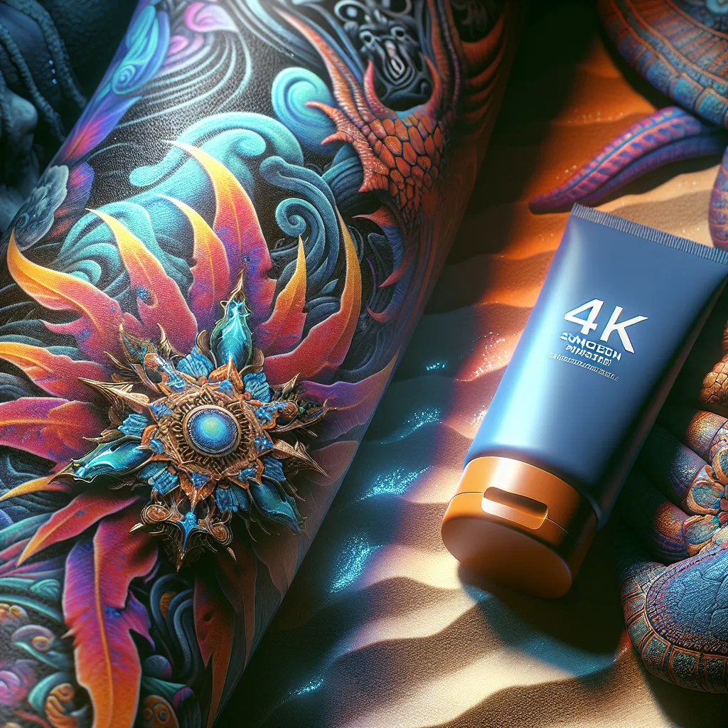 Proteção solar para tatuagens vibrantes Uma imagem em close de uma tatuagem vibrante em pele bronzeada pelo sol, mostrando os detalhes intrincados e as cores. A luz do sol destaca o design, enquanto um tubo de protetor solar está colocado próximo, enfatizando a importância da segurança solar para tatuagens.