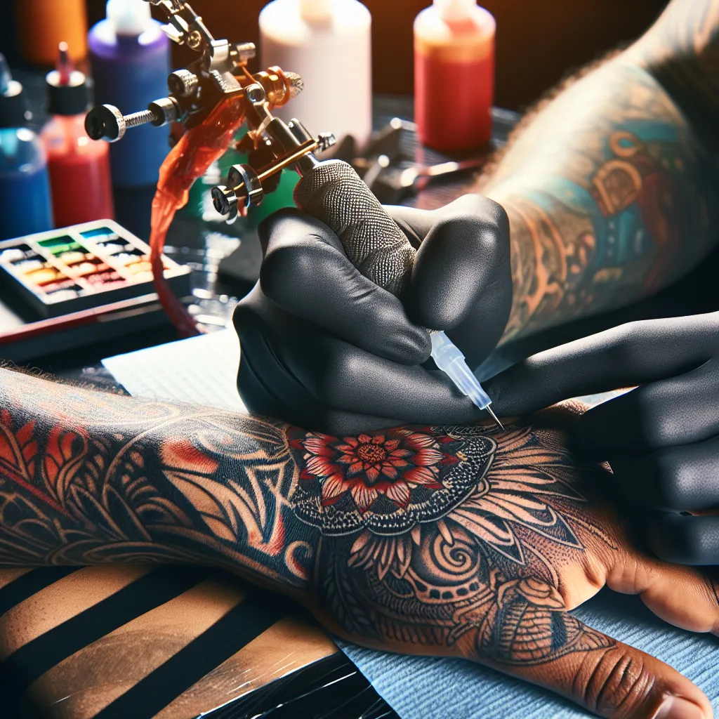 Arte em processo: aplicação de estêncil de tatuagem Uma imagem de close-up das mãos de um tatuador habilidoso aplicando um estêncil de tatuagem vibrante e detalhado no antebraço de uma pessoa. O espaço de trabalho está cheio de materiais de tatuagem, incluindo frascos de tinta e agulhas, criando uma atmosfera artística. O foco está na precisão e na criatividade do processo de aplicação.