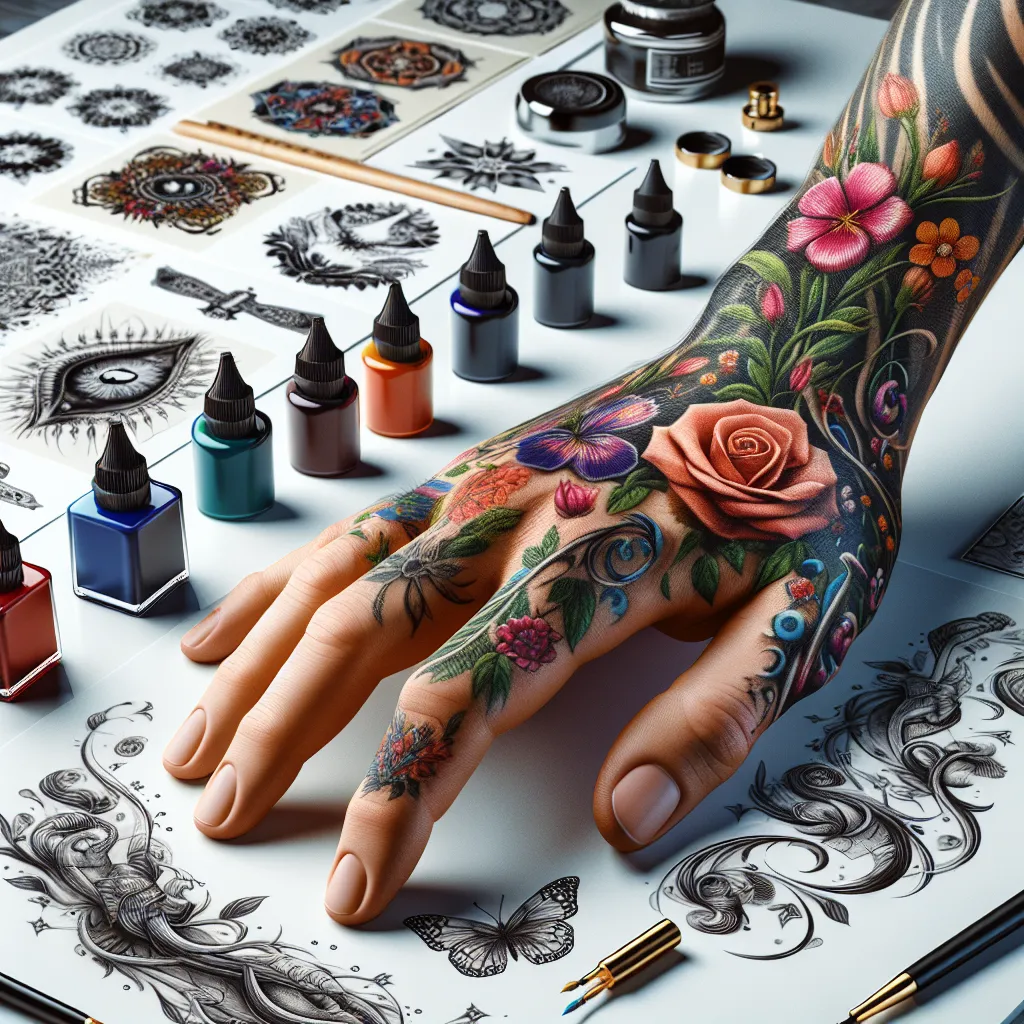 Um intrincado e colorido tatuagem de um pequeno design floral é exibida na mão de um artista habilidoso, posicionada acima de uma mesa limpa e branca. Perto dali, potes de tinta e agulhas estão organizados de forma ordenada, enquanto etiquetas de preço e esboços detalham diversos designs, atraindo o espectador a explorar suas opções de tatuagem.