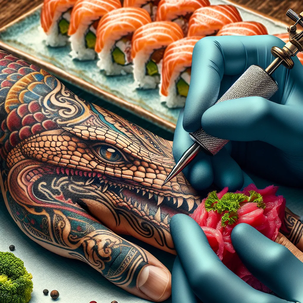 Tatuagem e sushi: arte e sabor em harmonia Um close intrigante das mãos de um habilidoso tatuador em ação, delicadamente tatuando um design impressionante. Ao fundo, um prato tentador de sushi está parcialmente visível, simbolizando a interseção entre a arte corporal e as delícias culinárias. O foco está na criatividade e na expressão cultural.