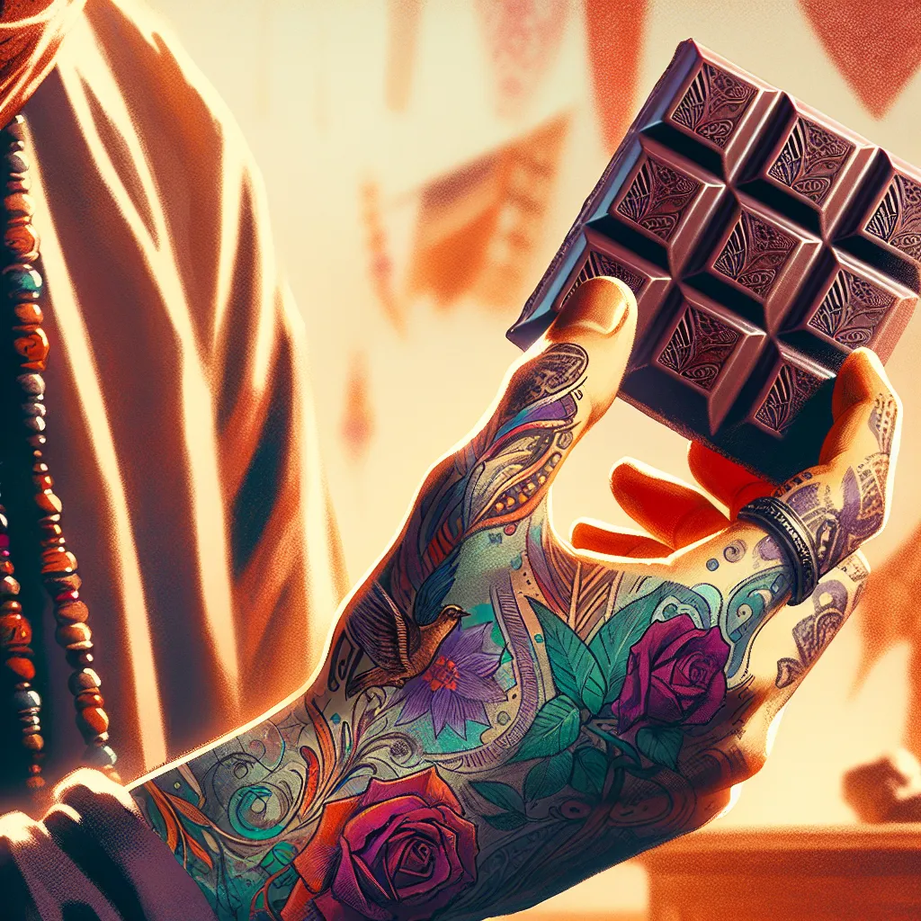 Braço tatuado segurando chocolate amargo Um close-up artístico de um braço lindamente tatuado segurando um pedaço de chocolate amargo e rico, com tatuagens vibrantes à mostra. O fundo está suavemente desfocado, criando uma atmosfera quente e convidativa que sugere indulgência e criatividade.