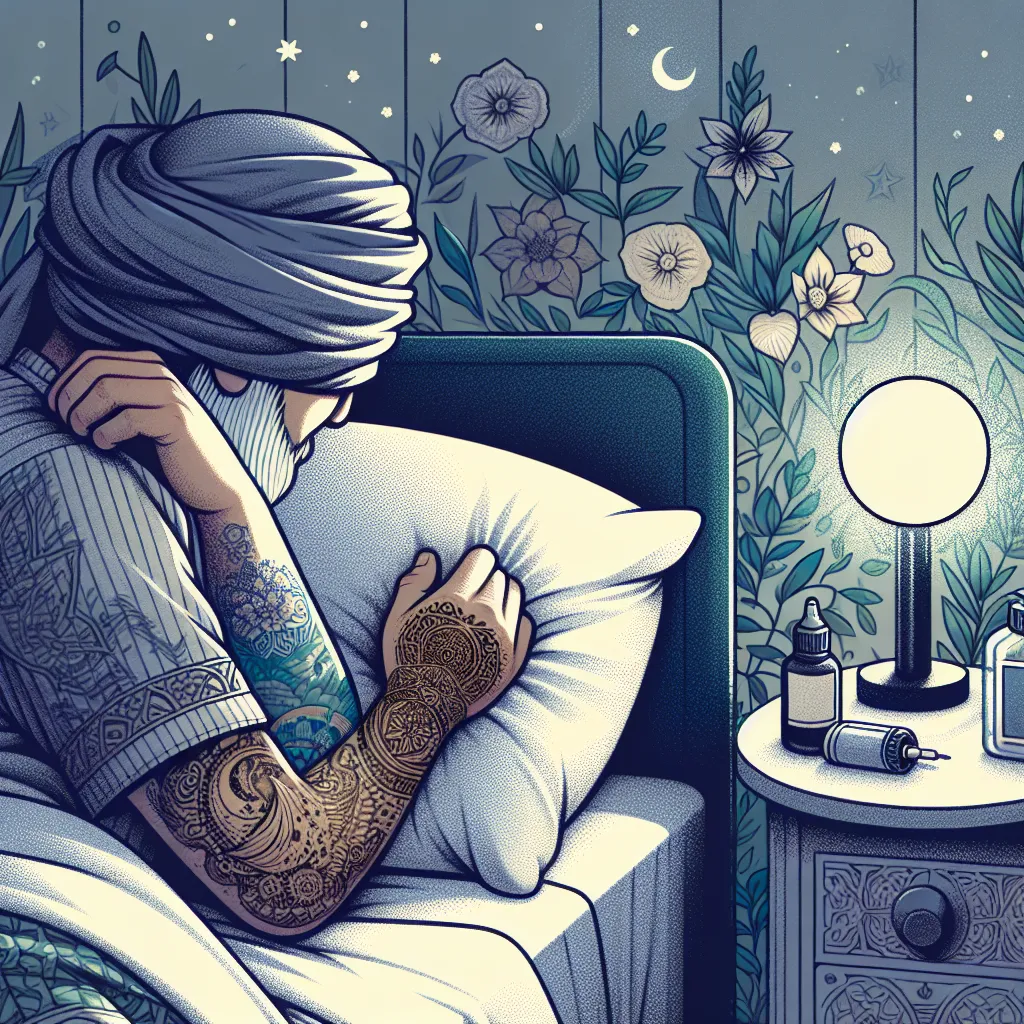 Cuidados noturnos com tatuagens Uma imagem de um quarto aconchegante à noite com uma cama macia e convidativa, onde um adulto tatuado repousa gentilmente o braço em um travesseiro. Uma mesa de cabeceira com produtos para cuidados com tatuagens, como pomada e uma suave luz noturna, realça a atmosfera tranquila, enfatizando os cuidados noturnos com tatuagens.