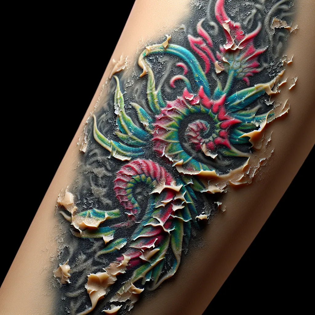 Tatuagem em cicatrização no braço Uma imagem de uma visão aproximada de uma tatuagem parcialmente cicatrizada no braço de uma pessoa. O design ainda é vibrante, com algumas áreas mostrando sinais de descamação da pele e leve Vermelhidão ao redor das bordas, destacando o processo de cicatrização e a textura à medida que a tinta se fixa na pele.