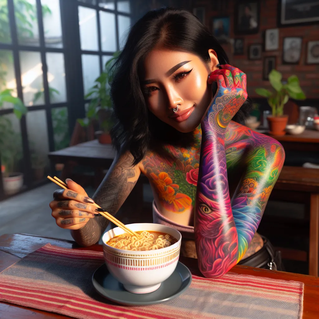 Tatuador confiante com noodles e tatuagens vibrantes Um vibrante tatuador exibindo confiantemente suas intricadas tatuagens no braço, sentado a uma mesa aconchegante com uma tigela fumegante de noodles instantâneos à sua frente. A tinta colorida contrasta com a refeição simples, simbolizando paixão e autoexpressão junto à vida cotidiana.