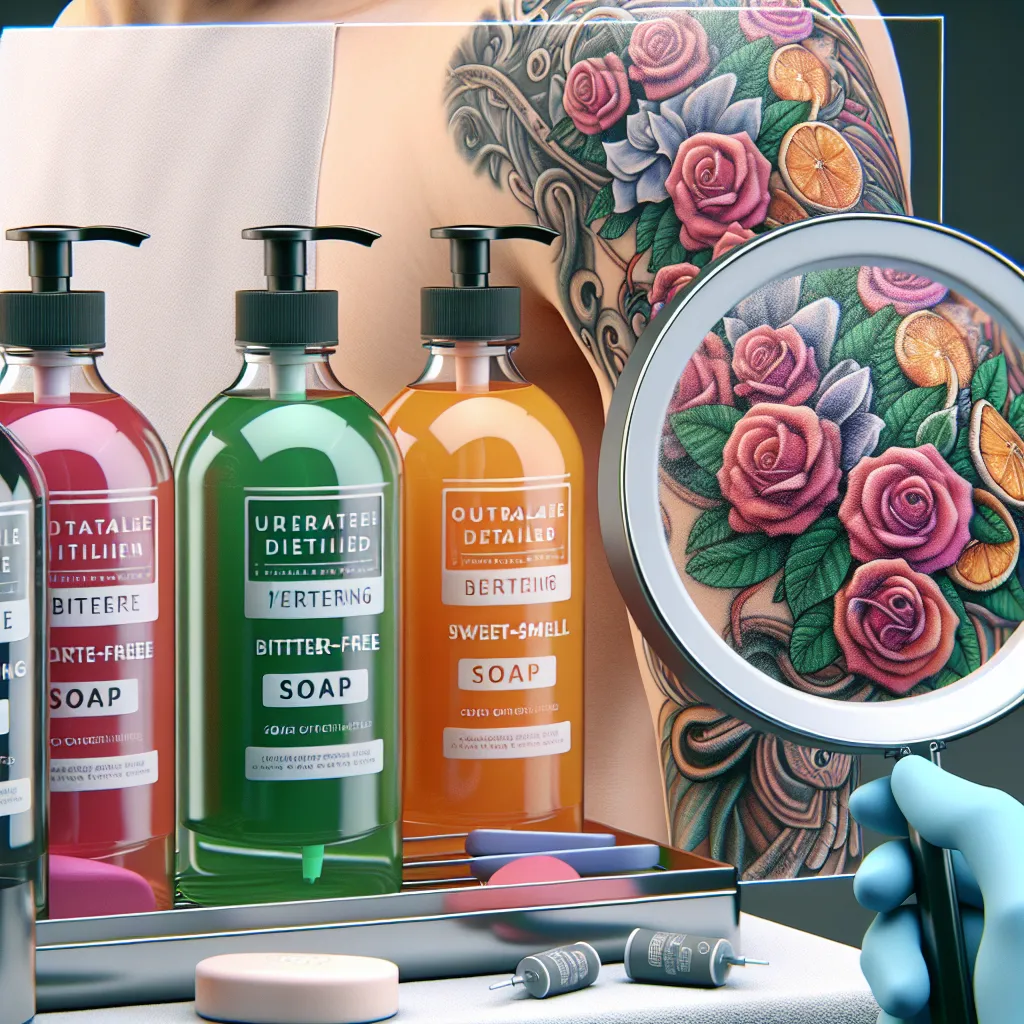 Cuidados com tatuagem recém-feita Uma imagem mostrando uma seleção de sabonetes suaves e sem fragrância exibidos ao lado de uma tatuagem fresca e vibrante. O ambiente é limpo e bem iluminado, enfatizando a importância da higiene nos cuidados com a tatuagem, com os sabonetes rotulados claramente para fácil identificação.
