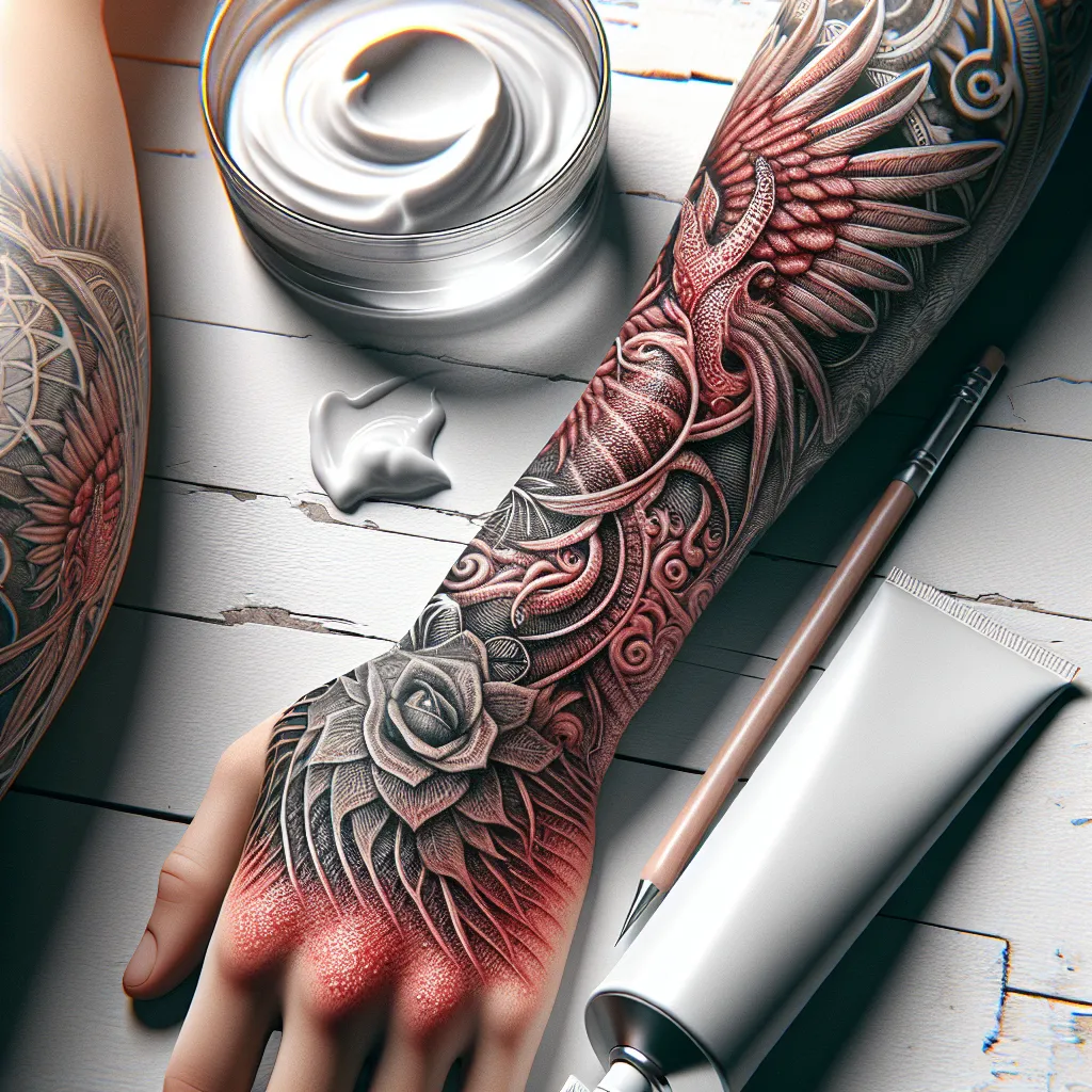 Cuidados pós-tatuagem e alívio da inflamação Uma imagem de um close de uma tatuagem lindamente detalhada em um braço, ligeiramente vermelha e inflamada ao redor das bordas. Ao lado, um tubo de creme calmante e um copo d'água estão posicionados, simbolizando cuidados e dicas de recuperação para a inflamação da tatuagem. O fundo está suavemente desfocado para realçar o foco.