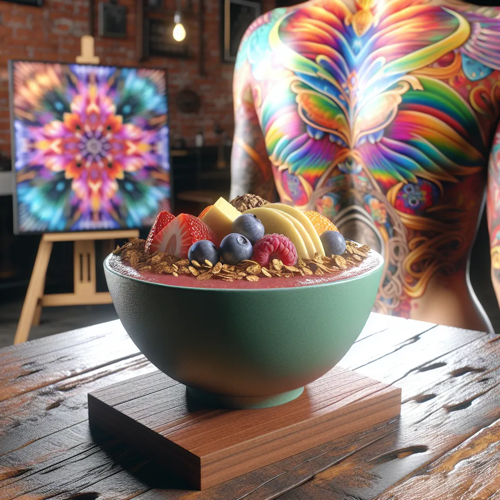 Tigela de açaí com frutas e tatuagens ao fundo Uma vibrante tigela de açaí coberta com frutas variadas, granola e um fio de mel está sobre uma mesa rústica de madeira. Ao fundo, designs de tatuagem coloridos estão artisticamente exibidos na pele, criando um contraste entre a arte da tatuagem e a iguaria saudável e indulgente.