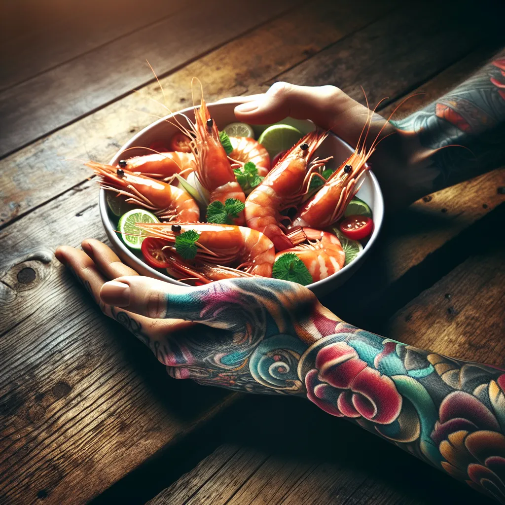 Braço tatuado segurando prato de camarões frescos Um close de um braço lindamente tatuado segurando um vibrante prato de camarões frescos, colocado sobre uma mesa de madeira rústica. As tatuagens são intrincadas e coloridas, contrastando com o delicioso frutos do mar, enquanto uma luz suave realça as texturas tanto da pele quanto da comida.