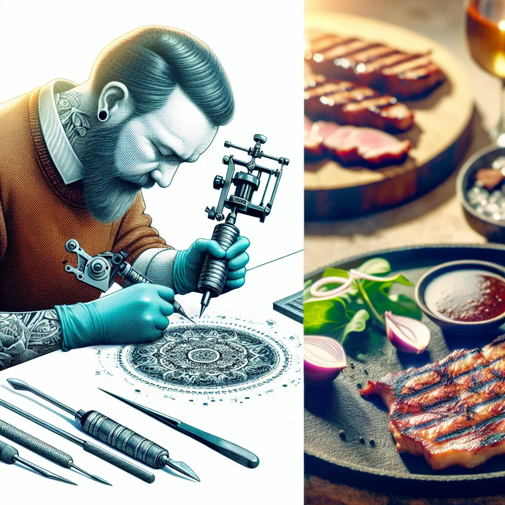 Tatuador trabalhando próximo a prato de carne grelhada Uma imagem de um tatuador trabalhando em um desenho enquanto um prato de carne de porco grelhada está colocado perto, significando o contraste entre a preparação do porco e o processo cuidadoso e limpo da tatuagem. A atmosfera reflete uma mistura de arte e estilo de vida culinário.