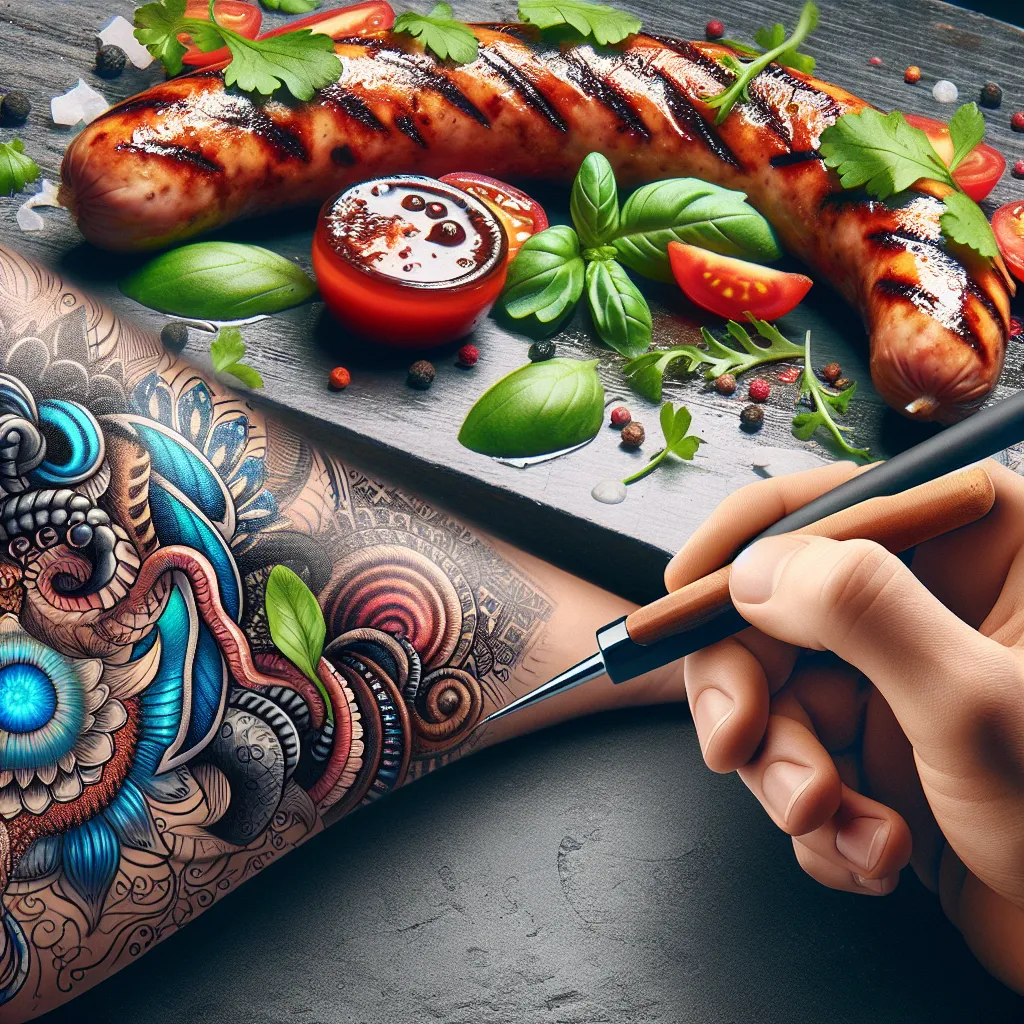 Arte em tatuagem e indulgência culinária Um close-up artístico de uma tatuagem lindamente detalhada em um braço, apresentando padrões intrincados e cores vibrantes. Ao fundo, um prato gourmet de linguiça calabresa grelhada, guarnecido com ervas frescas, adiciona um contraste atraente, sugerindo o tema da indulgência e escolhas de estilo de vida.