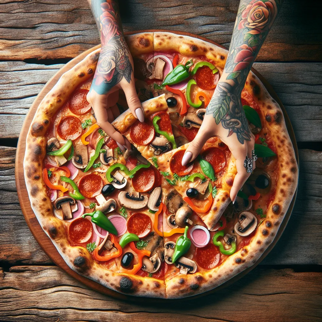 Pizza artesanal deliciosa e convidativa Uma imagem aproximada de uma pizza recém-feita, com uma variedade de coberturas coloridas como pepperoni, cogumelos e pimentões, colocada sobre uma mesa de madeira rústica. Ao fundo, um par de mãos tatuadas está de forma brincalhona alcançando uma fatia, enfatizando o tema do prazer e da liberdade.
