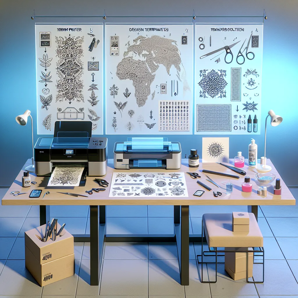 Mesa com materiais para tatuagens temporárias Uma imagem de uma mesa cuidadosamente arrumada exibindo vários materiais necessários para imprimir tatuagens falsas: uma impressora, folhas de design, tesouras e uma solução de transferência. O fundo apresenta um espaço de trabalho bem iluminado, destacando o processo passo a passo de criação de tatuagens temporárias com instruções claras próximas.
