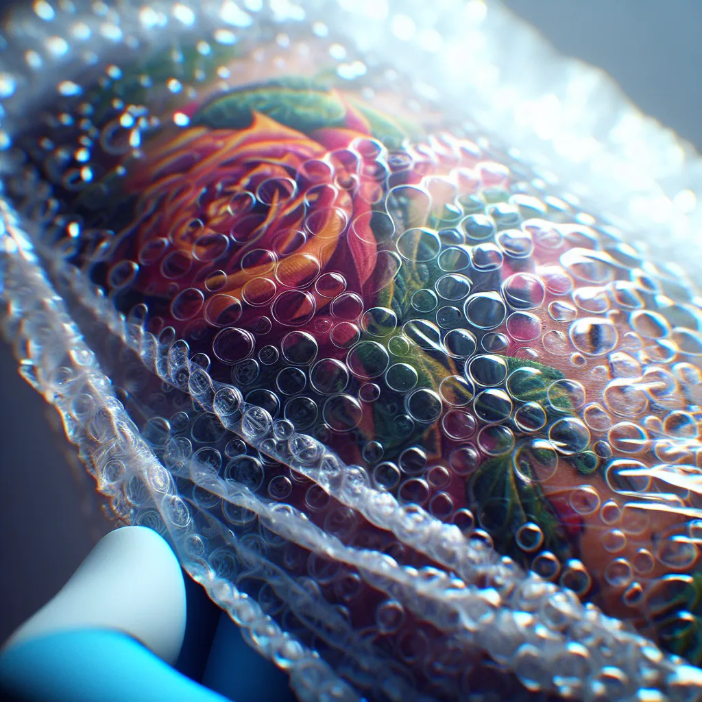Tatuagem recém-feita protegida por filme plástico Uma imagem de uma tatuagem recém-feita coberta com um filme plástico transparente. O filme possui bolhas de ar para proteção, enquanto as cores vibrantes da tatuagem são visíveis por baixo. A luz suave destaca os detalhes da tatuagem, criando uma atmosfera acolhedora e informativa.