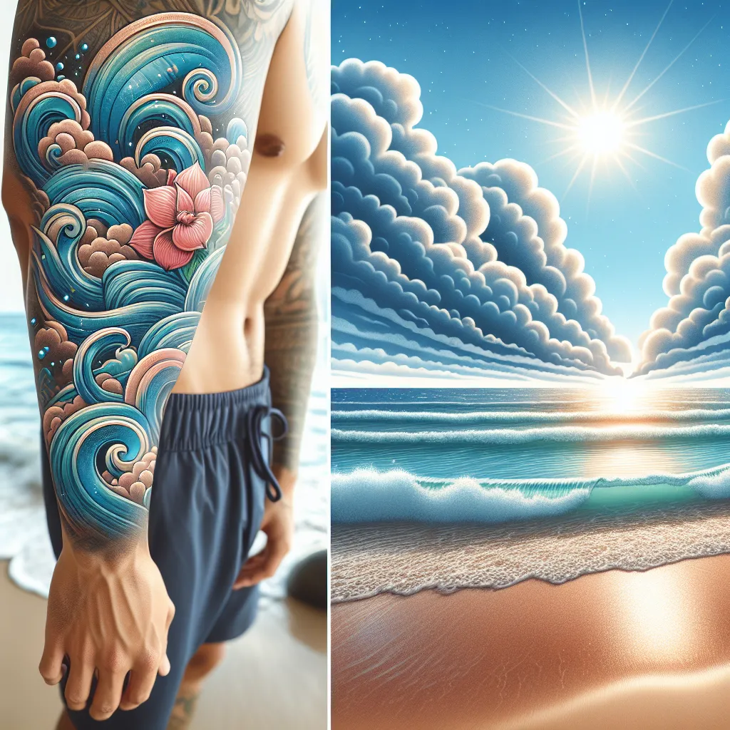 Tatuagem vibrante à beira-mar Uma cena de praia serena com ondas suaves batendo na costa. Um close de uma tatuagem vibrante e curada no braço de um adulto, brilhando sob a luz do sol, enquanto a pessoa está à beira d'água, contemplando o oceano. Nuvens suaves flutuam em um céu azul claro acima.