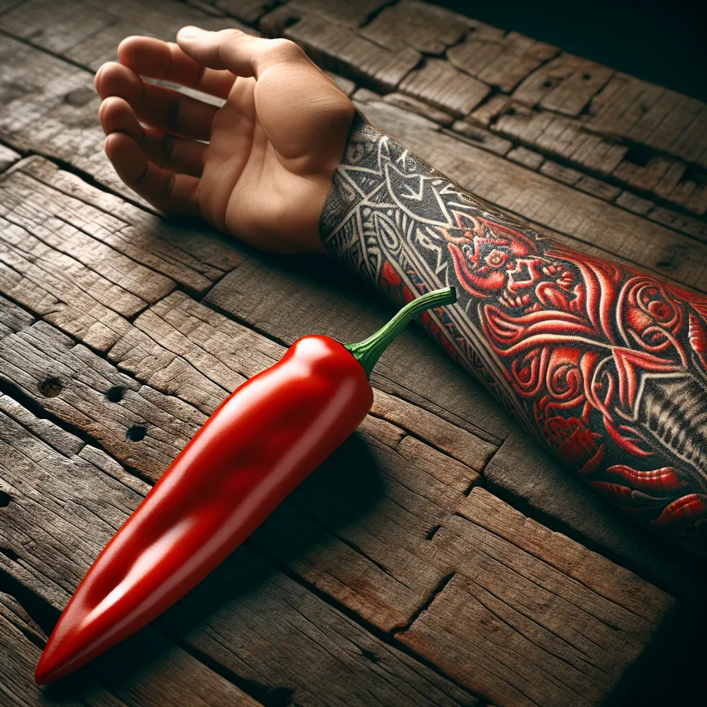 Pimenta vermelha e arte de tatuagem Um close artístico de uma ousada pimenta vermelha repousando sobre uma mesa de madeira, justaposta a um design de tatuagem lindamente detalhado em um antebraço adulto. As cores vibrantes da pimenta contrastam com os intrincados padrões de tinta, simbolizando a interseção entre arte corporal e curiosidade culinária.