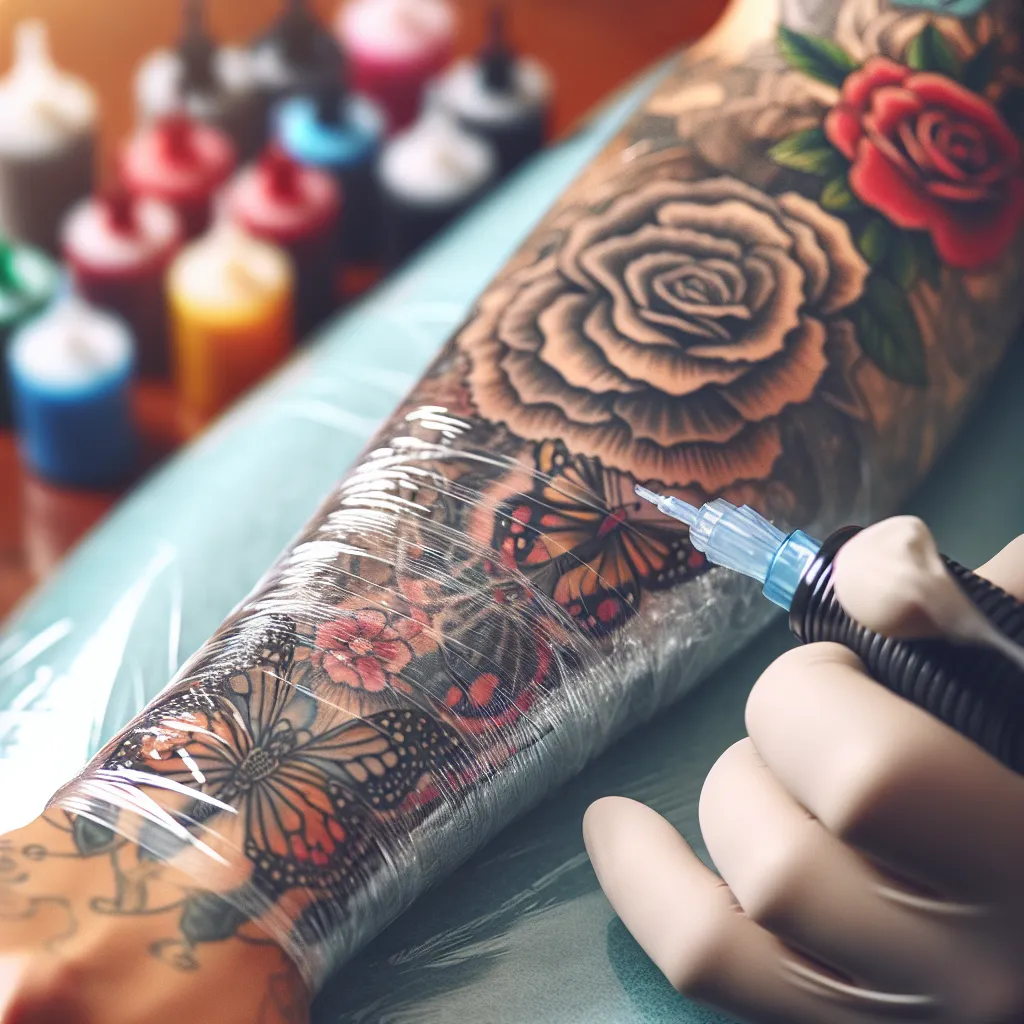 Uma imagem em close de uma tatuagem recém-feita no antebraço de uma pessoa, com uma película protetora ainda sobre ela. O fundo está suavemente desfocado, apresentando equipamentos de tatuagem e cores vibrantes de tinta, transmitindo uma sensação de cuidado e cautela.