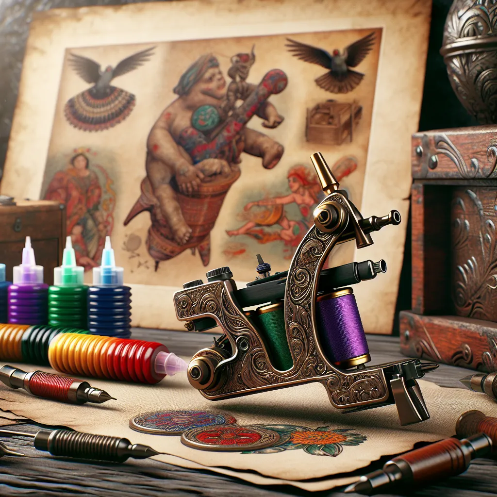 Uma máquina de tatuagem elaboradamente projetada descansa sobre uma mesa de madeira vintage, cercada por tintas em cores vibrantes. Um pano de fundo de fotografias desbotadas que exibem arte de tatuagem histórica e ferramentas tradicionais adiciona profundidade, destacando a evolução da tatuagem desde rituais antigos até a arte contemporânea.