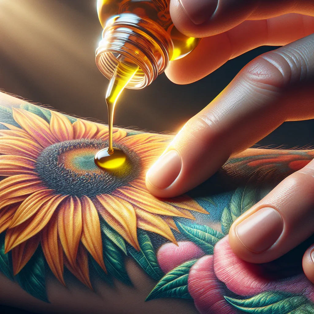 Uma imagem em close de uma mão aplicando suavemente óleo de girassol em uma tatuagem fresca, destacando a textura suave do óleo contra a pele. A luz suave realça as cores vibrantes da tatuagem, criando uma sensação de cuidado e nutrição essenciais para a cicatrização.