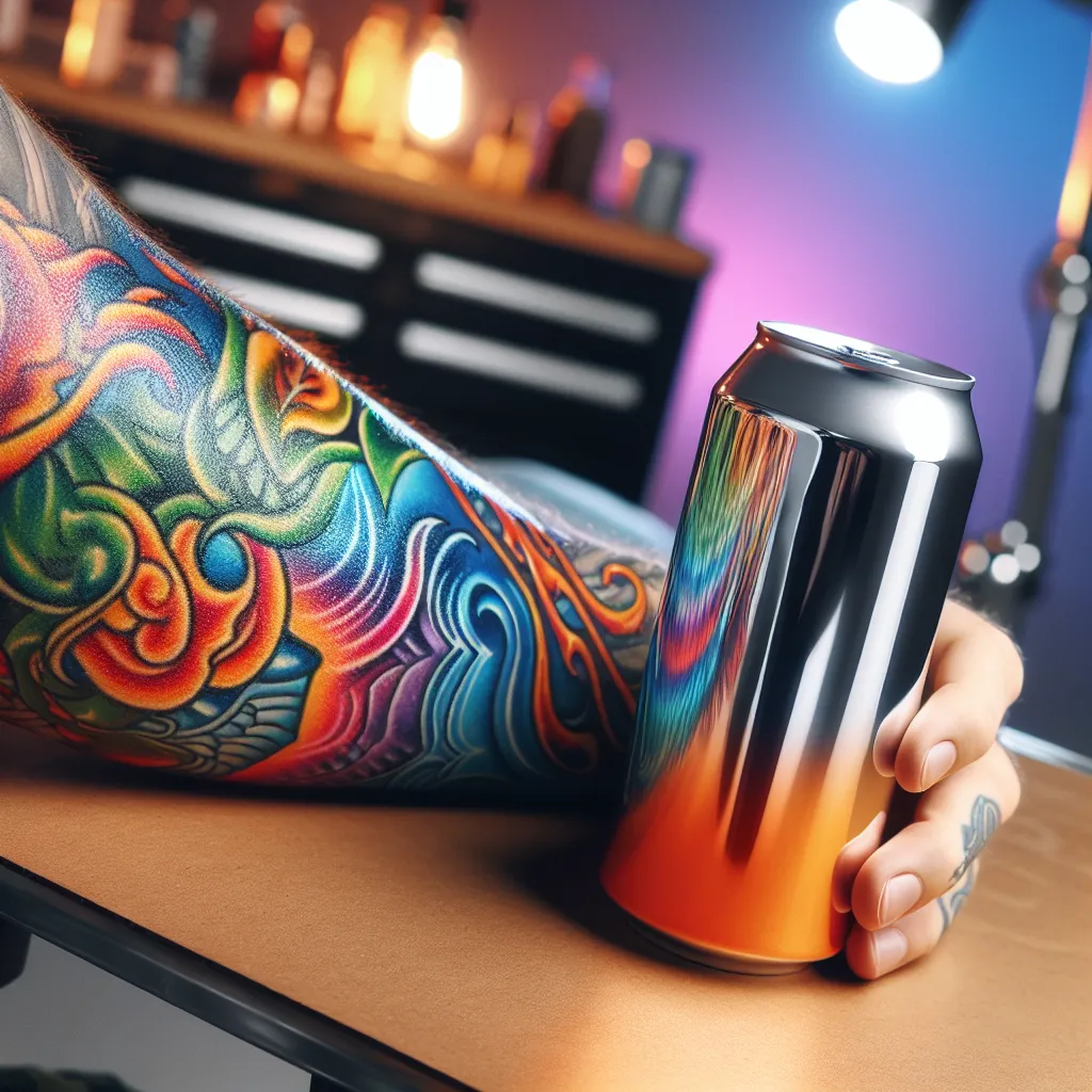Uma imagem cativante de um close de uma tatuagem colorida no braço de um indivíduo, ao lado de uma lata de refrigerante gelada. A tinta vibrante contrasta com o brilho refletido na lata, simbolizando as escolhas de estilo de vida após fazer uma tatuagem. O ambiente é casual e convidativo.